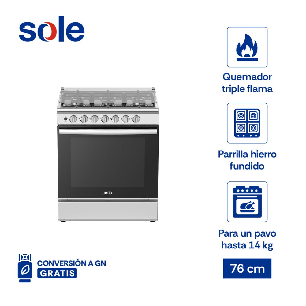 Cocina de Pie Sole a Gas 6 Quemadores Aruba 6h 76cm Cosol037