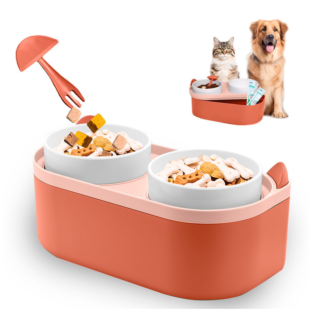 Plato Elevado Doble para Perros Gatos con Base Rosado MM3