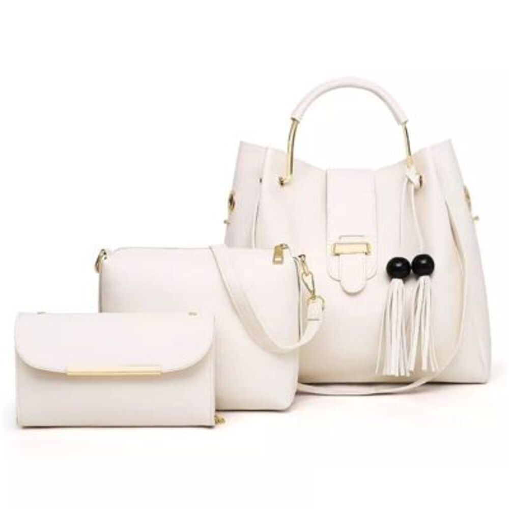 Cartera Bolso Billetera 3 en 1 Cuero Pu Alta Calidad Grande - Crema