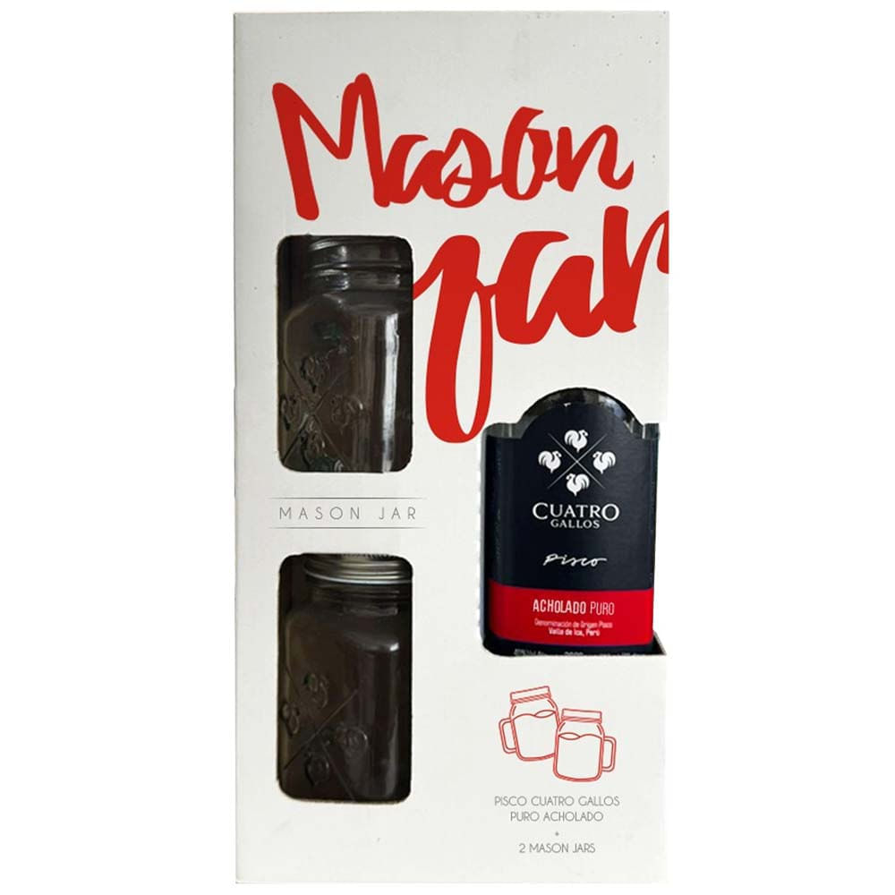 Pack CUATRO GALLOS Acholado 700ml + 2 Jarras MASON JAR