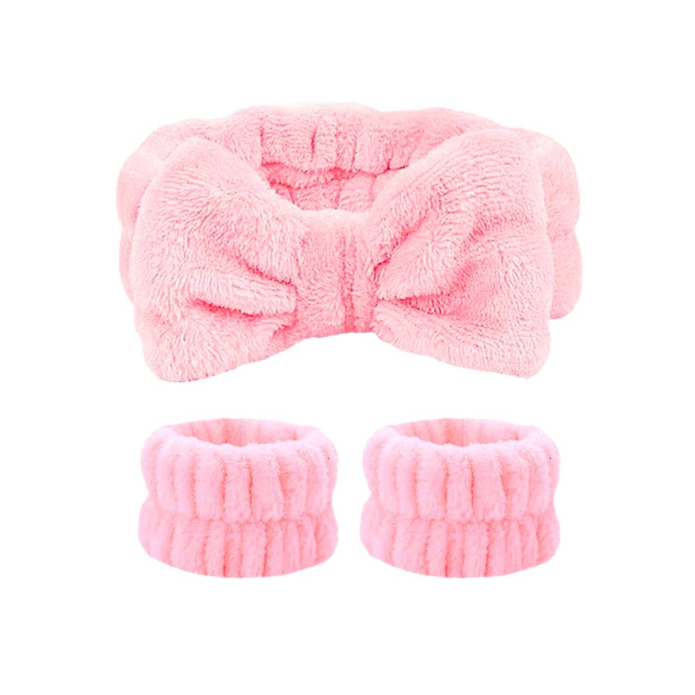 Vincha de Baño Con Moño  + Pulseras de Muñeca Rosa