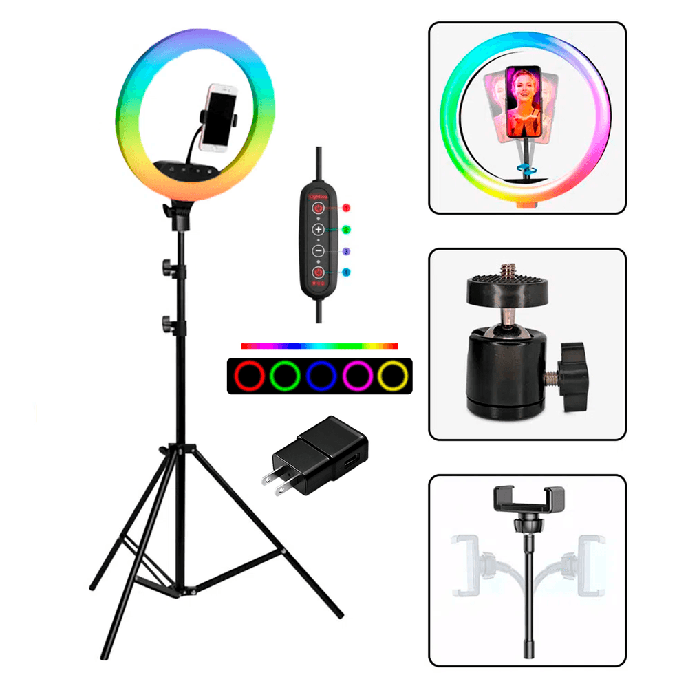 Aro De Luz Rgb 33cm para TikTok Redes Trípode 210cm Cargador