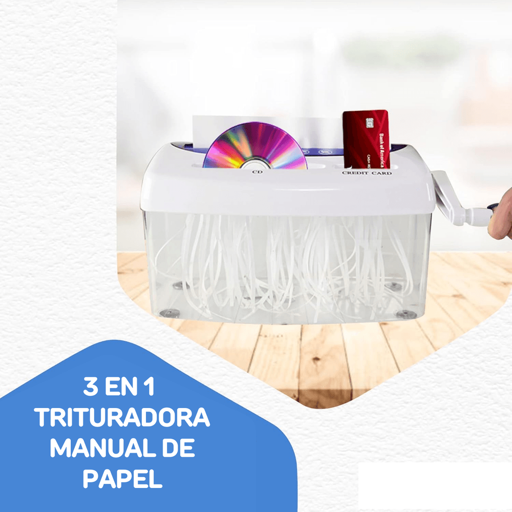 Trituradora Manual Multifuncional 3 en 1 - Papel Tamaño A4 / CD / Tarjetas