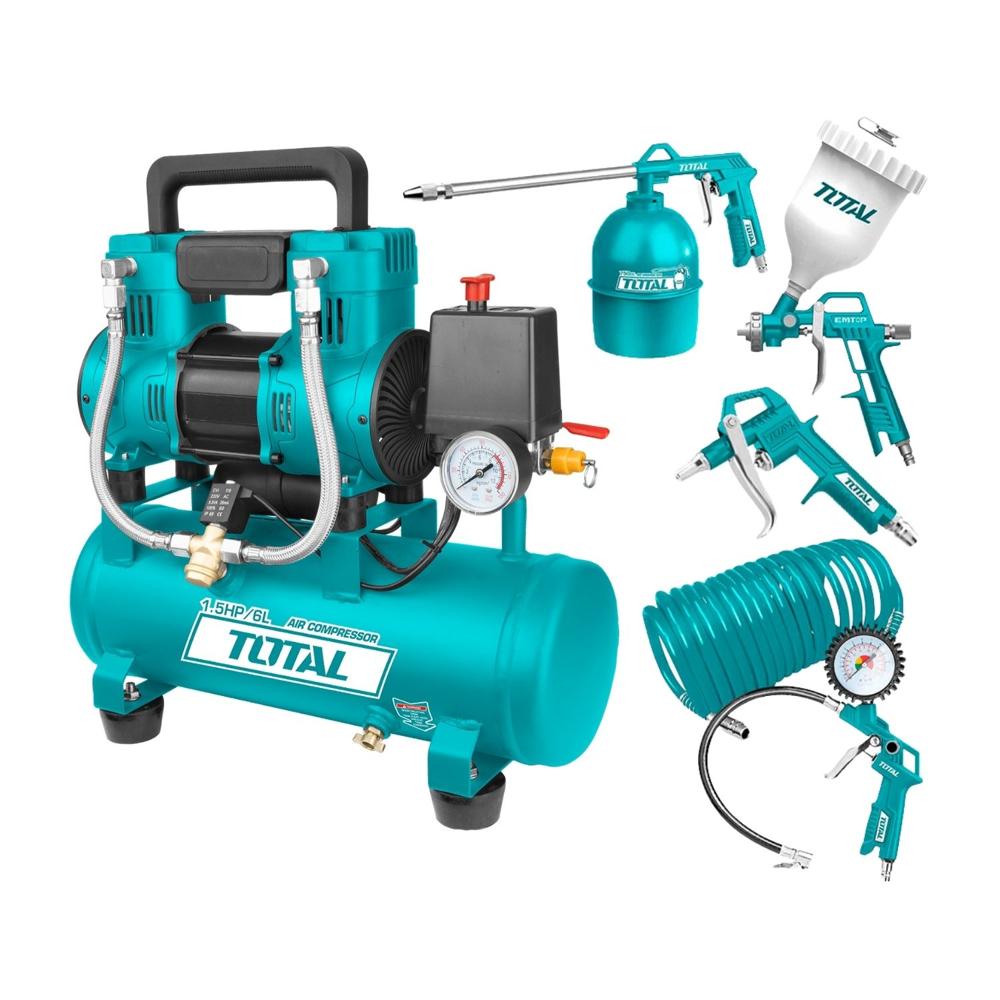 Compresora silenciosa 6 litros + Kit compresor 5 piezas Total TCS1110062-5-TATK053-1