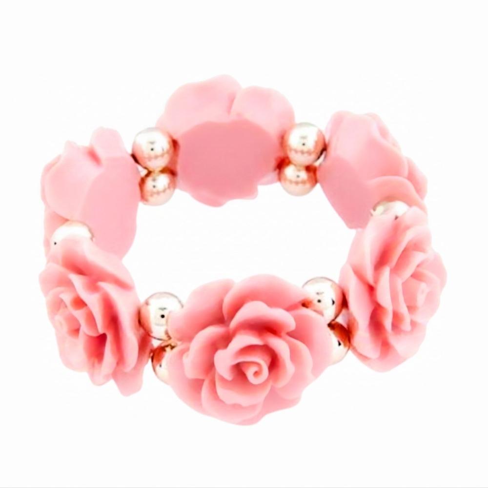 Pulsera Rosas Rosadas de Acrílico con Perla Checa en Elástico Marialu Creaciones