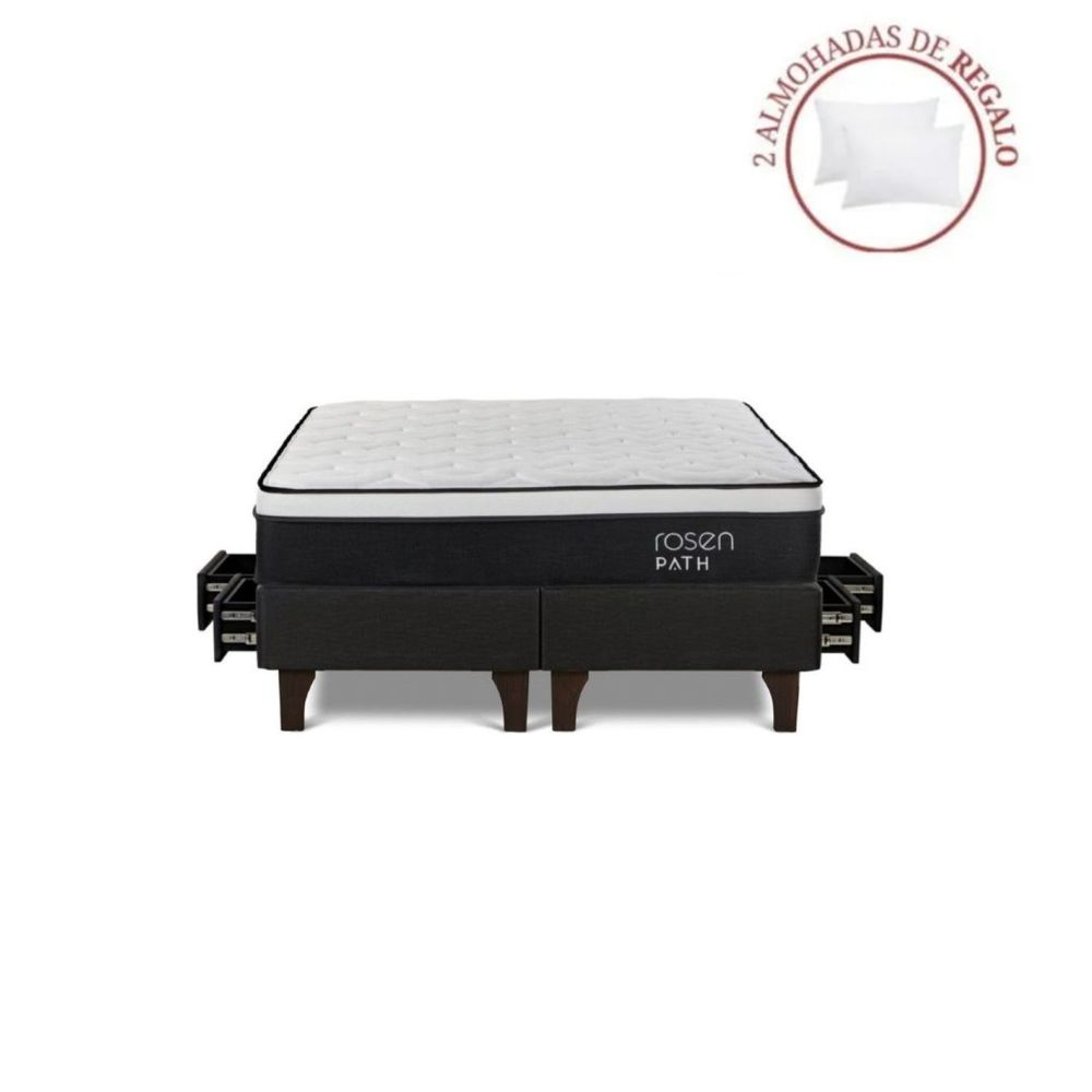 Cama Europea Con Cajones Path Grafito Queen + 2 Almohadas