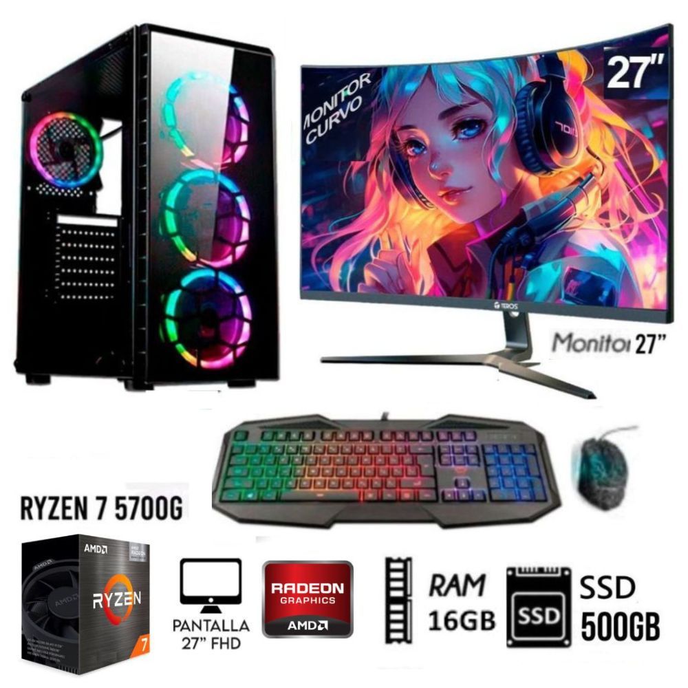 Computadora Pc Gamer Ryzen 7-5700G Ram 16GB Disco Solido 500GB Monitor 27” FHD