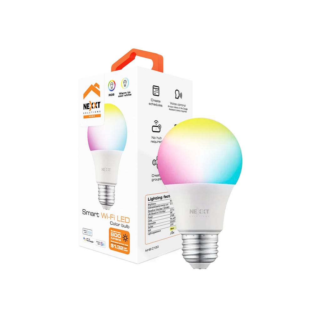 Bombilla LED inteligente WiFi Nexxt NHB-C120M 220V-A19 RGB Regulador de brillo