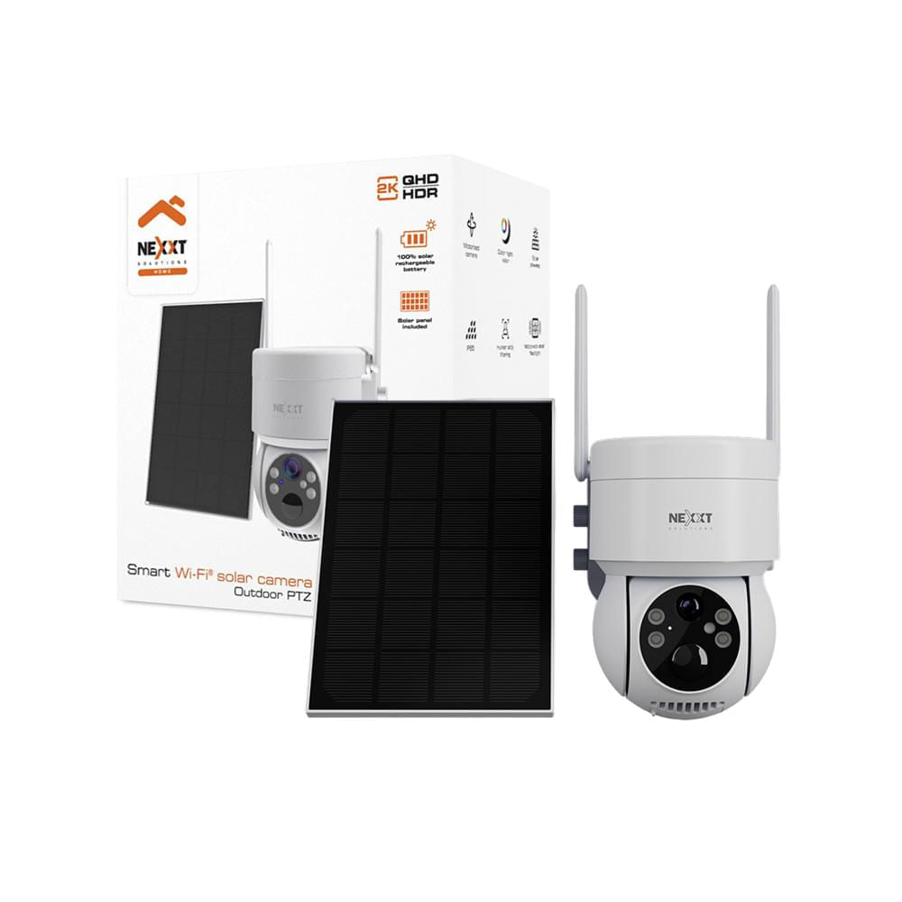 Cámara Wifi PTZ Nexxt NHC-OP20S 3MP 2K Panel Solar Sirena Reflector IP65