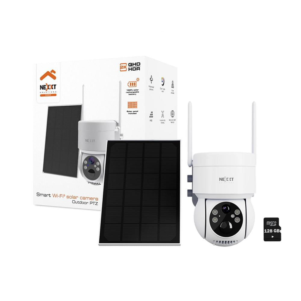 Cámara Wifi PTZ Nexxt NHC-OP20S 3MP 2K Panel Solar Sirena Reflector IP65 + SD 128GB
