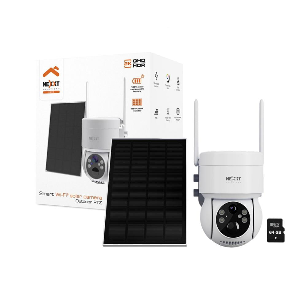 Cámara Wifi PTZ Nexxt NHC-OP20S 3MP 2K Panel Solar Sirena Reflector IP65 + SD 64GB