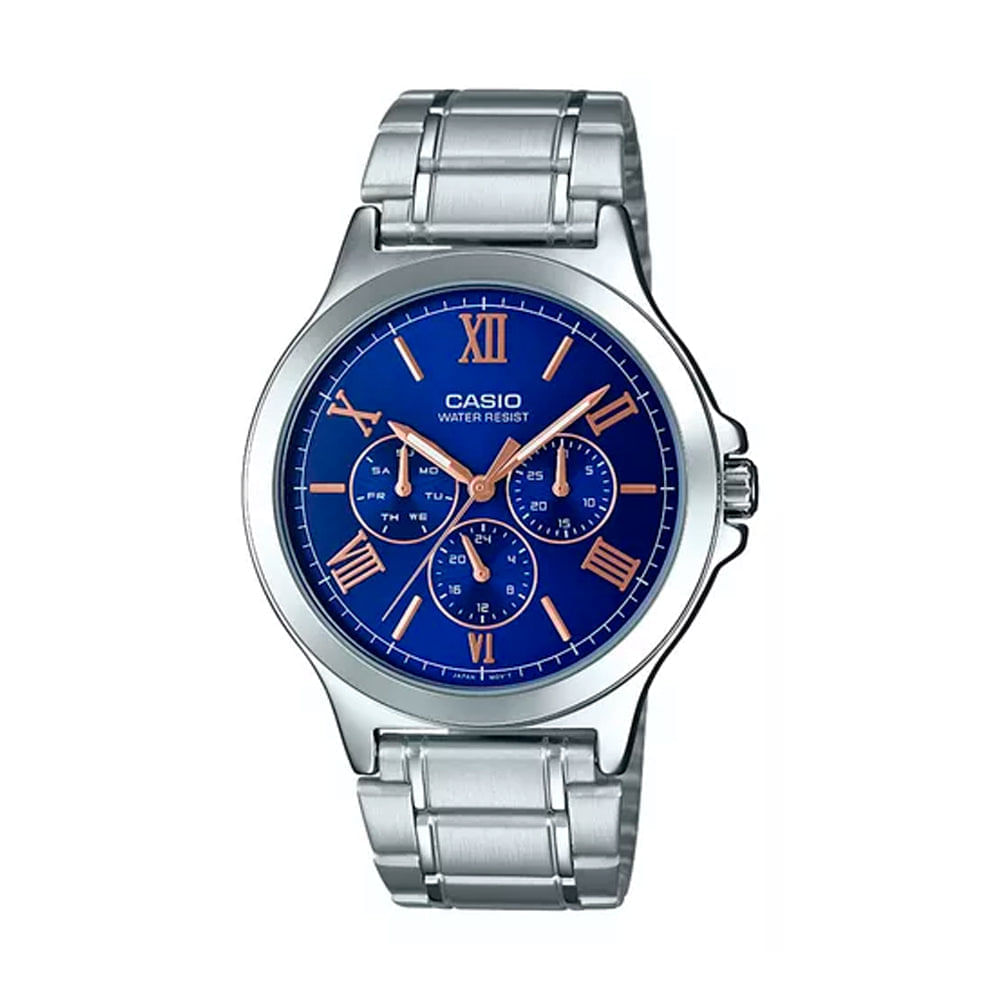 Reloj Análogo Casio Original MTP-V300D-2A Multifuncional para Hombre Color Plateado-Azul