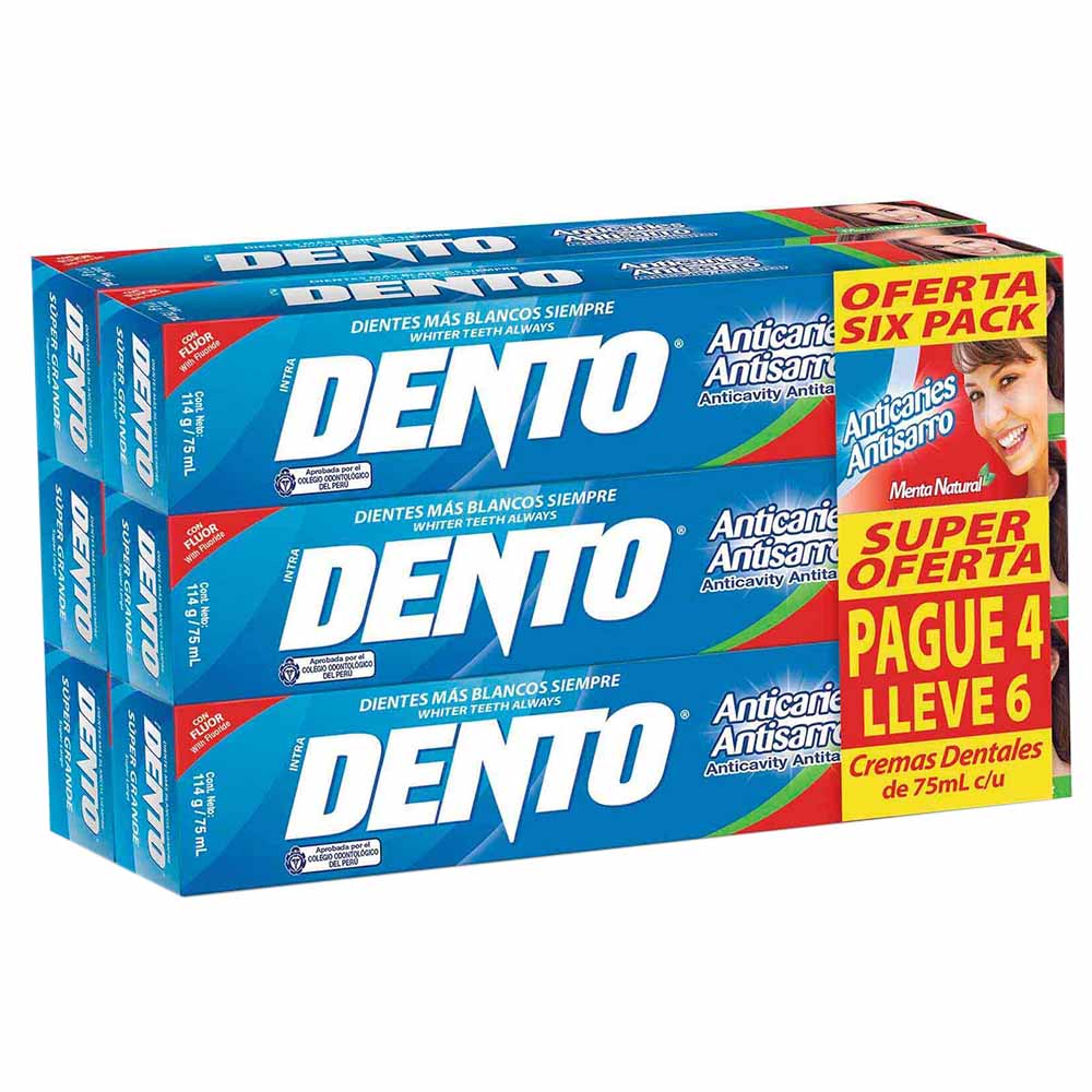 Crema Dental DENTO Menta Natural Tubo 75ml Paquete 6un Oechsle
