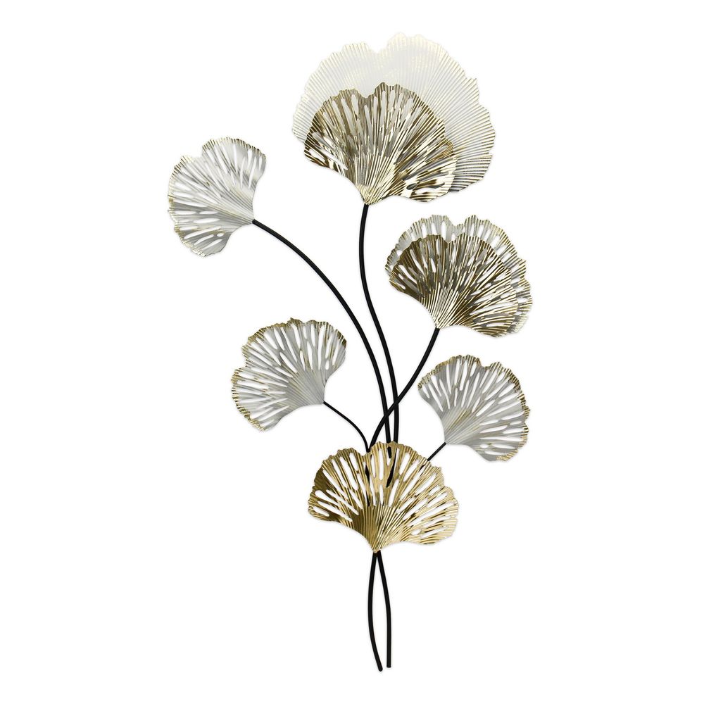 Escultura Metal Flores Dorado Y Blanco 85 Cm