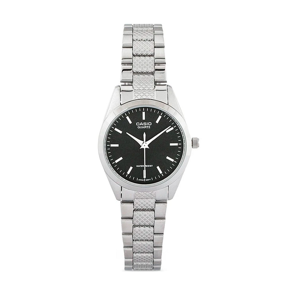 Reloj Análogo Casio Original LTP-1274D-1A para Mujer en Acero Plateado y Fondo Negro Sanllo