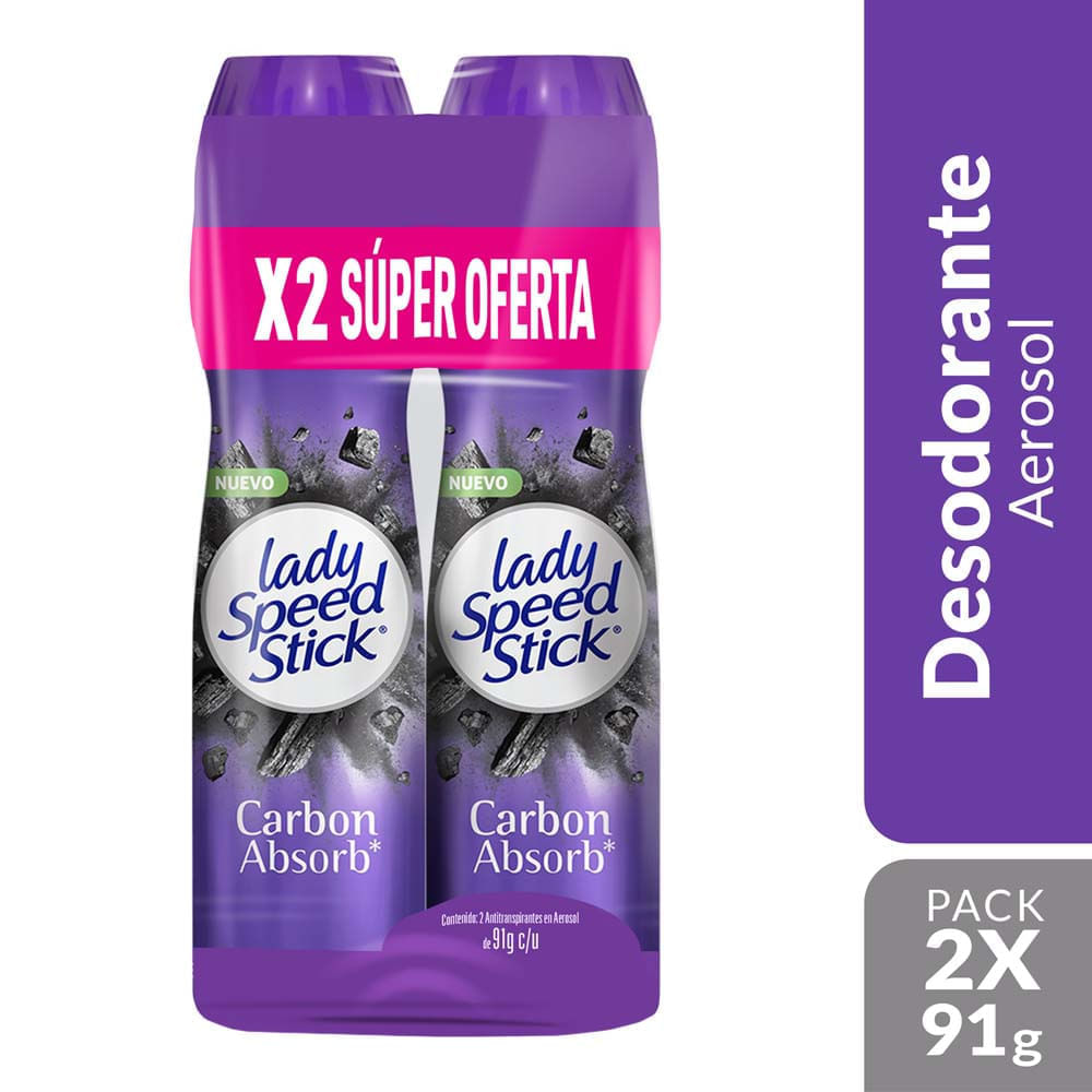 Desodorante para Mujer en Aereosol LADY SPEED STICK Carbon Absorb Pack 2x91g