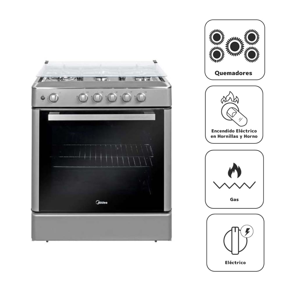 Cocina a Gas MIDEA 5 Quemadores MGS30FS2LBAMB-PE Silver