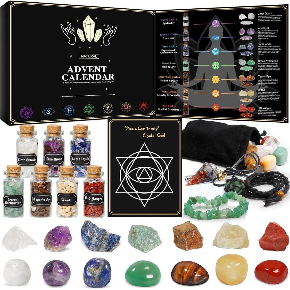 Calendario de Adviento de cristal, piedras, collares y guía