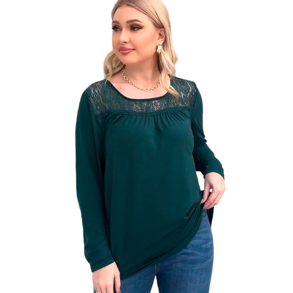 Blusa Manga Larga Zyfmaily Color Verde Oscuro Para Mujer Talla 1X 1911401474174