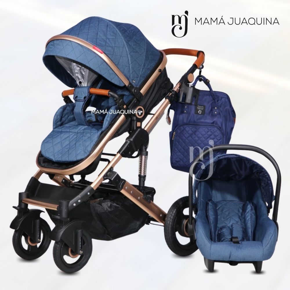 Coche Moisés Mini en Lietti Gold con Portabebé Azul Oechsle