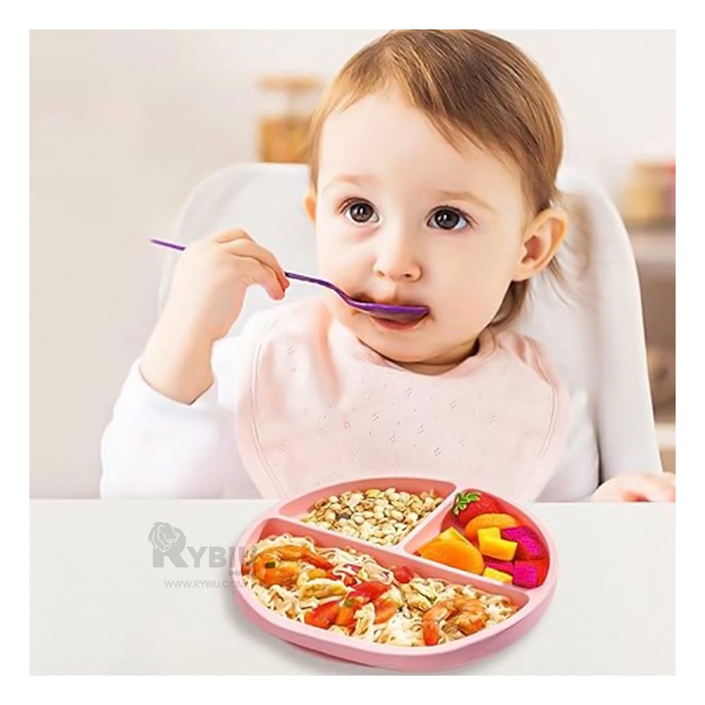 Plato de Silicona de 3 Divisiones para Bebe en Color Rosado