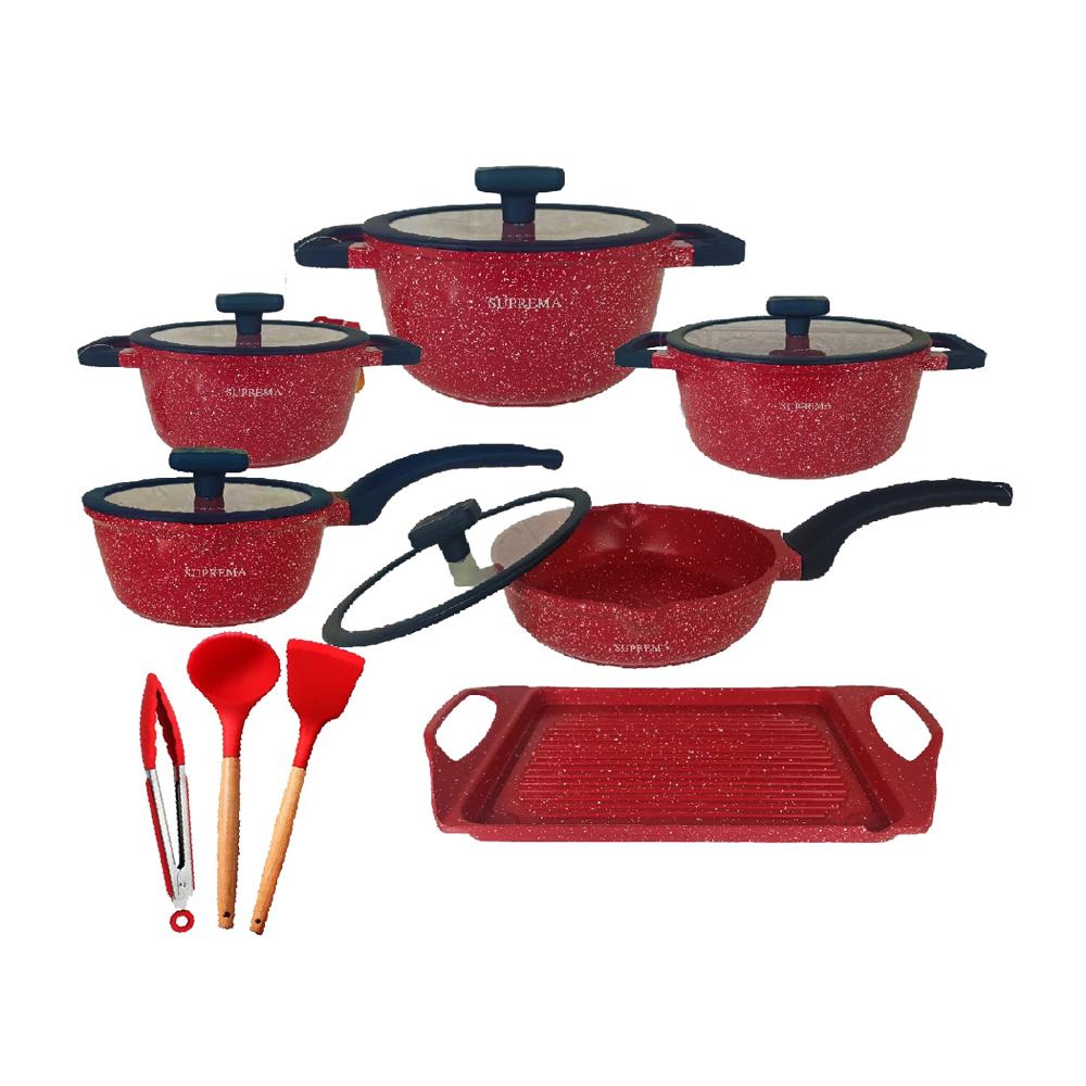 Set de Ollas Suprema con Parrilla Grill Antiadherente Rojo más Utensilios Set de Ollas Suprema con Parrilla Grill Antiadherente Rojo más Utensilios