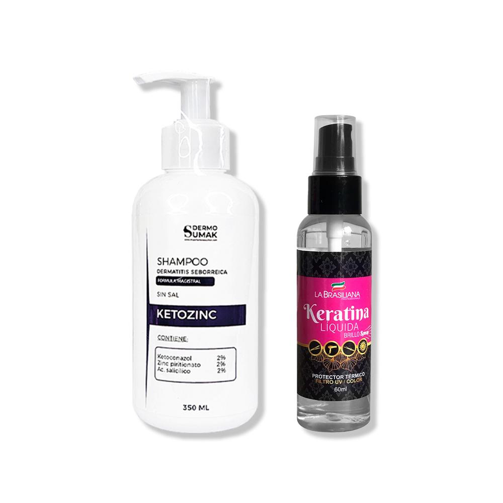Shampoo Sin Sal Ketozinc 350ml+ Spray Brillo Keratina Líquida 60ml
