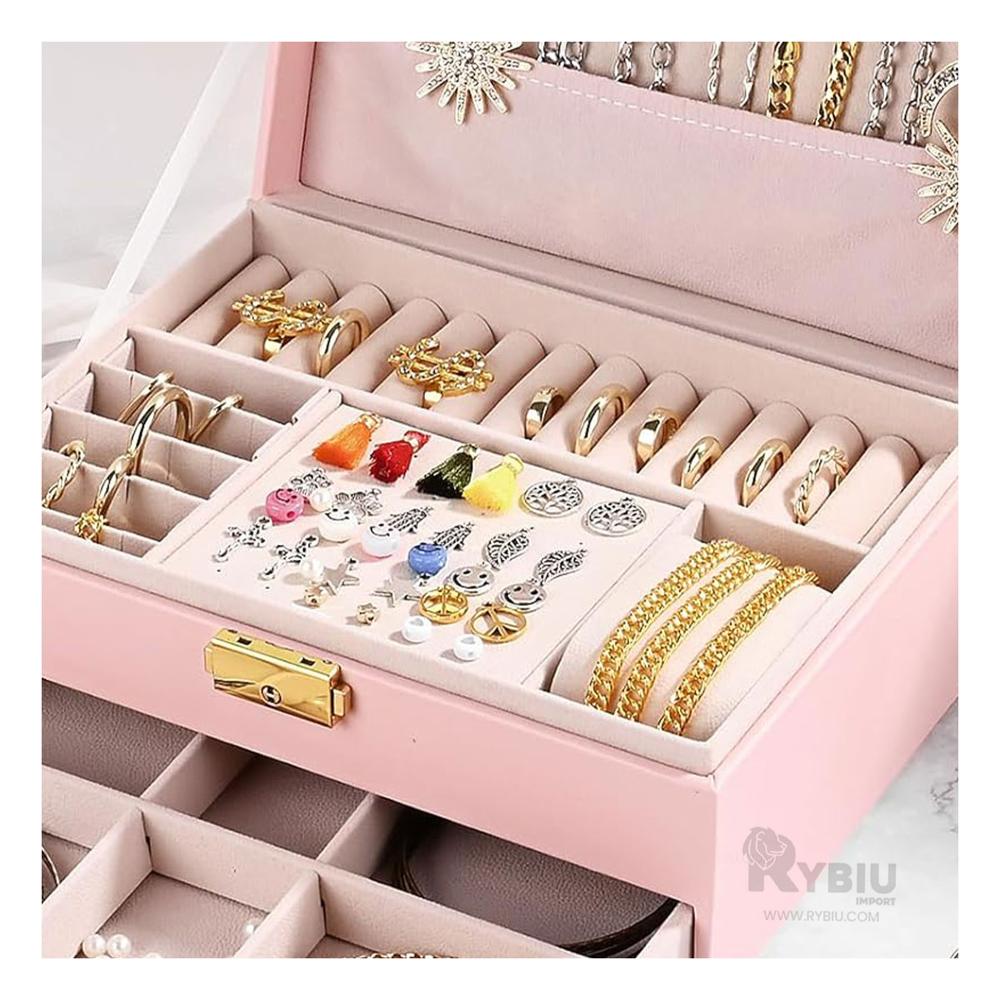 Joyero con Compartimentos con Llave en Color Rosado