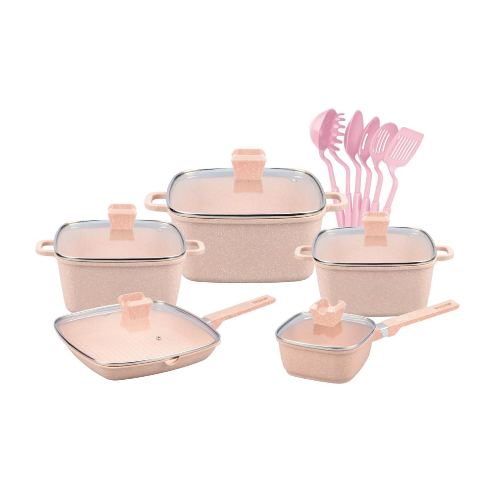 Juego De Olla de Granito Volcánico 10 Pzas más 6 Utensilios Rosa Juego De Olla de Granito Volcánico 10 Pzas más 6 Utensilios Rosa