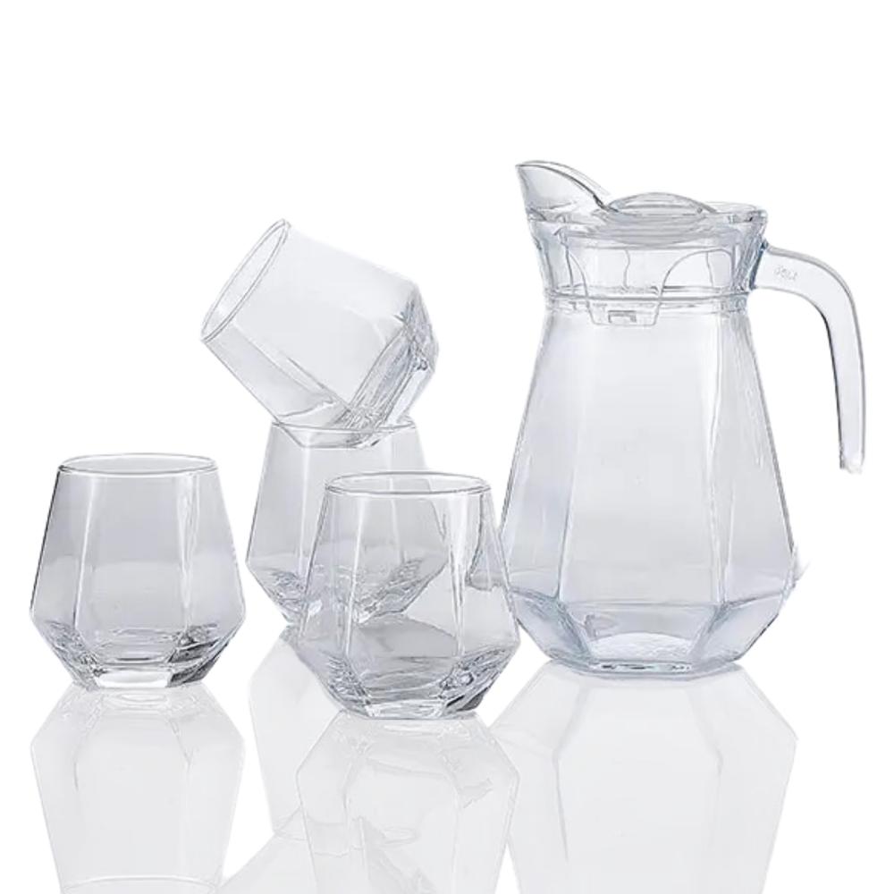 Jarra de Vidrio 900ml con Tapa más 4 Vasos Hexagonales