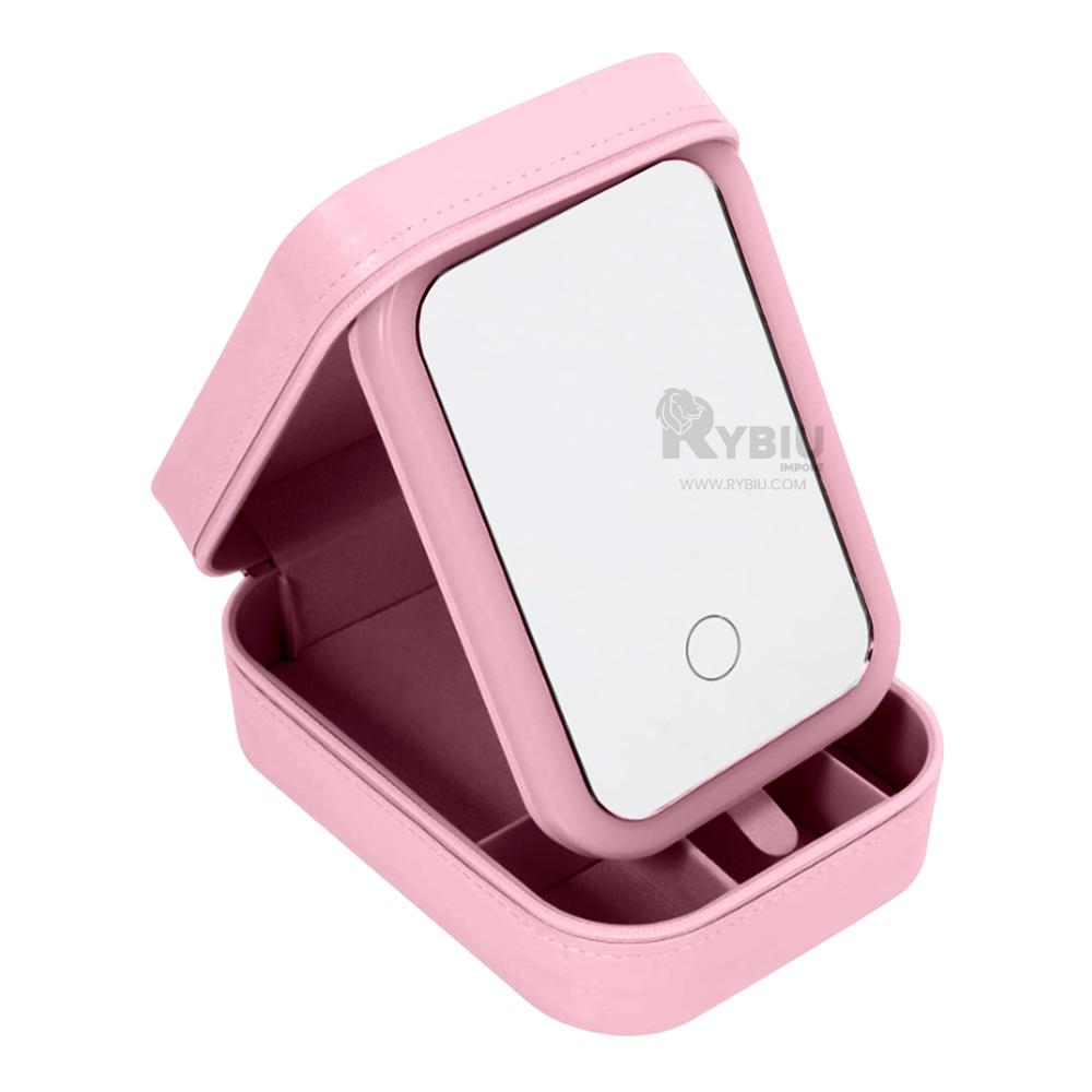Joyero con Divisiones y Espejo con Led en Color Rosado