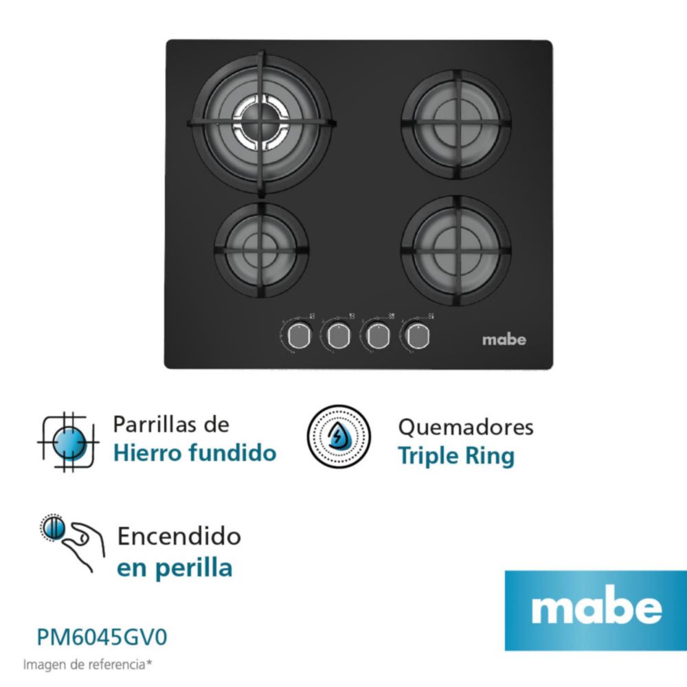 Cocina Empotrable Mabe 4 Hornillas PM6045GV0 Vidrio Negro