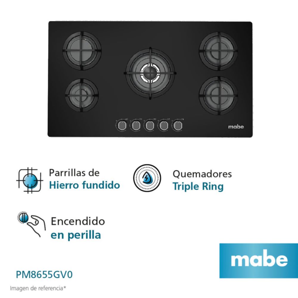 Cocina Empotrable Mabe 5 Hornillas PM8655GV0 Vidrio Negro