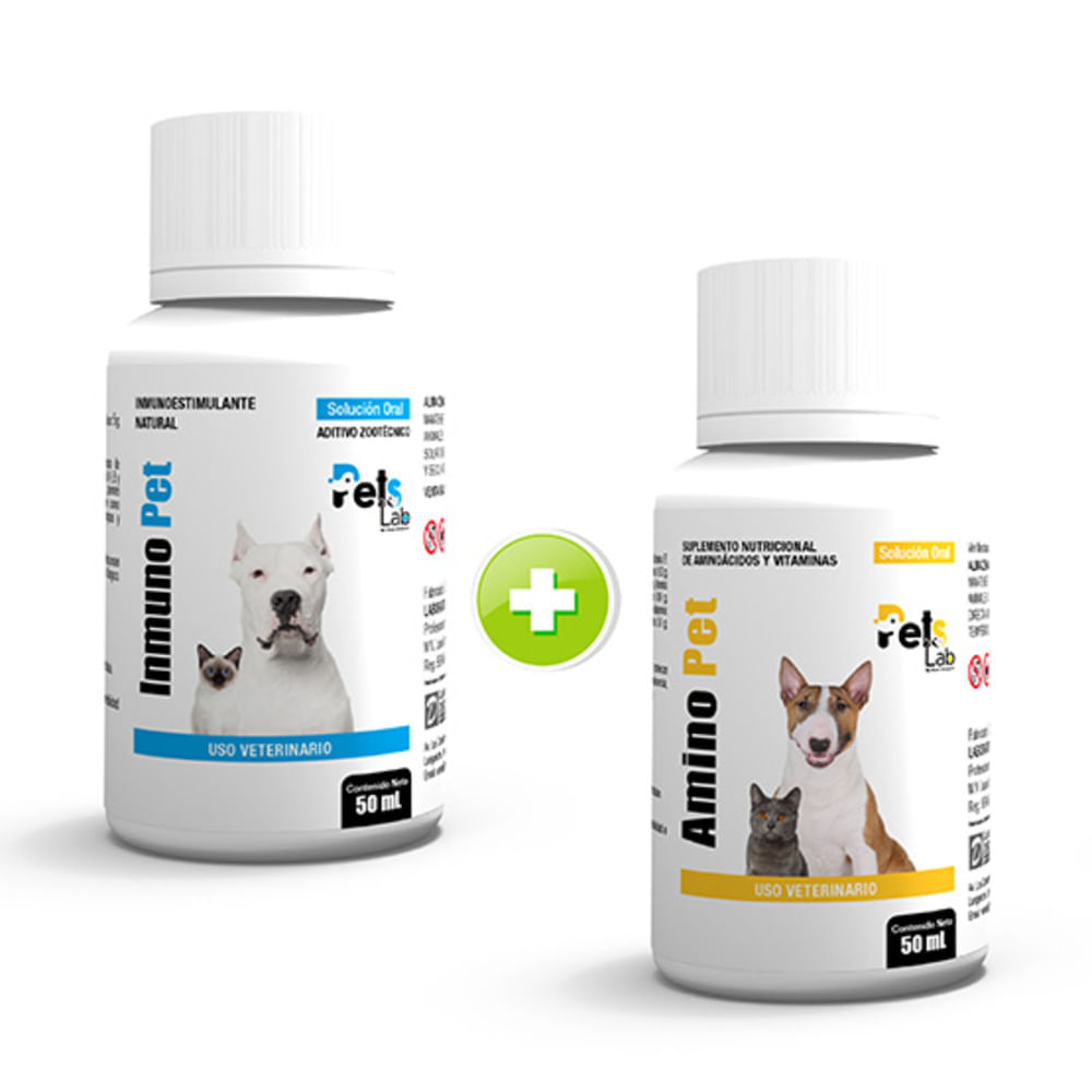 INMUNOESTIMULANTE NATURAL INMUNO PET 50 ML + VITAMINA AMINOPET 50 ML PARA MASCOTAS PETS LAB