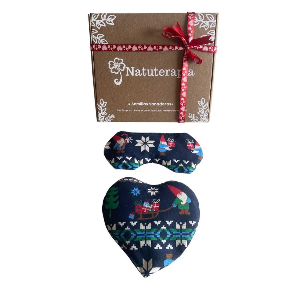 Pack Corazón Navideño: Antifaz Terapéutico + Almohadilla Corazón de Semillas Natuterapia (Elfos)