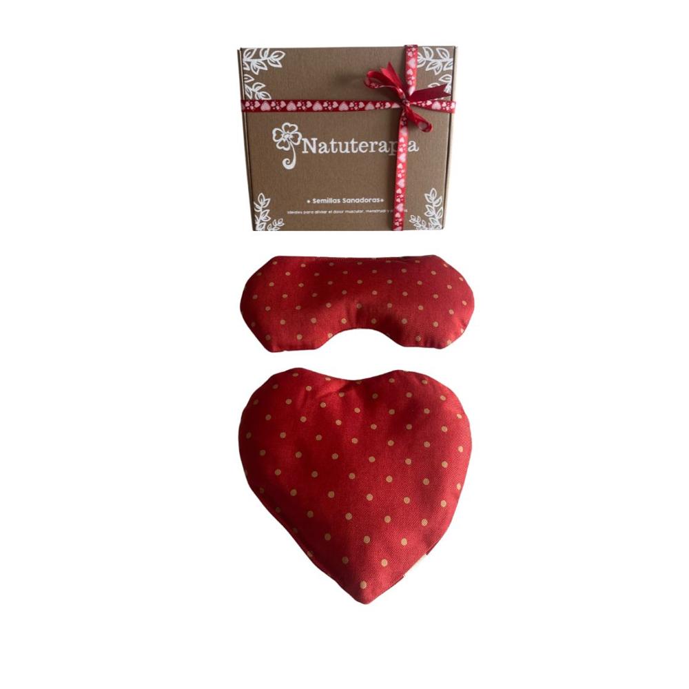 Pack Corazón Navideño: Antifaz Terapéutico + Almohadilla Corazón de Semillas Natuterapia (Rojo)