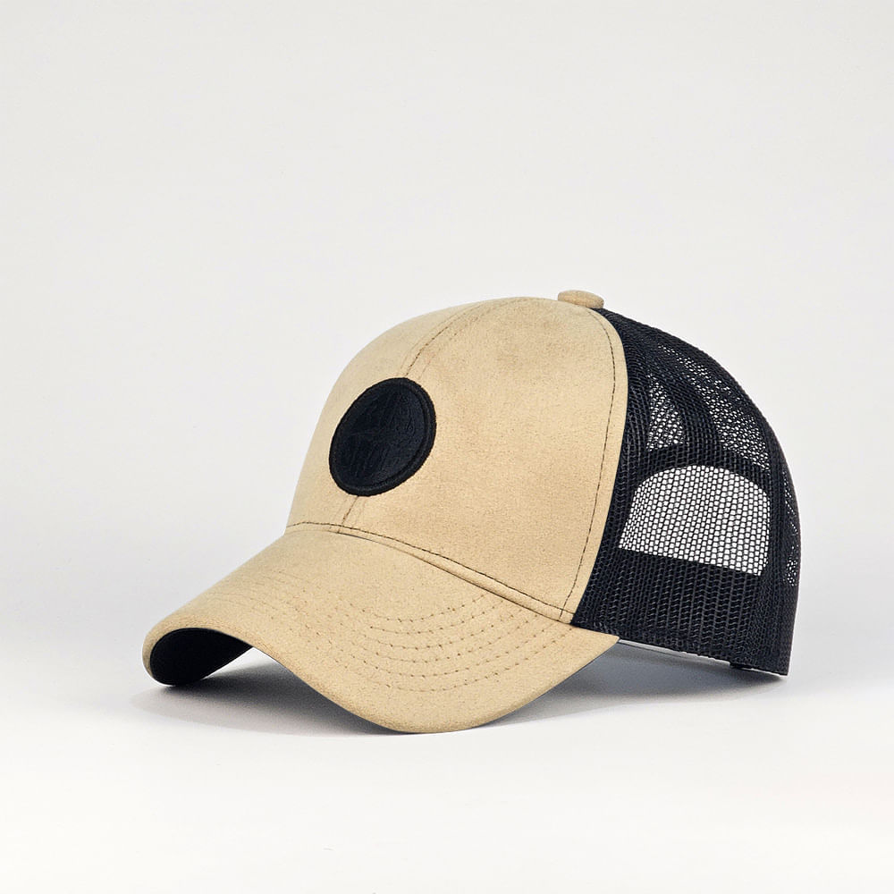 Gorra Bird Jack Terciopelo Arena y Malla Con Bordado Negro