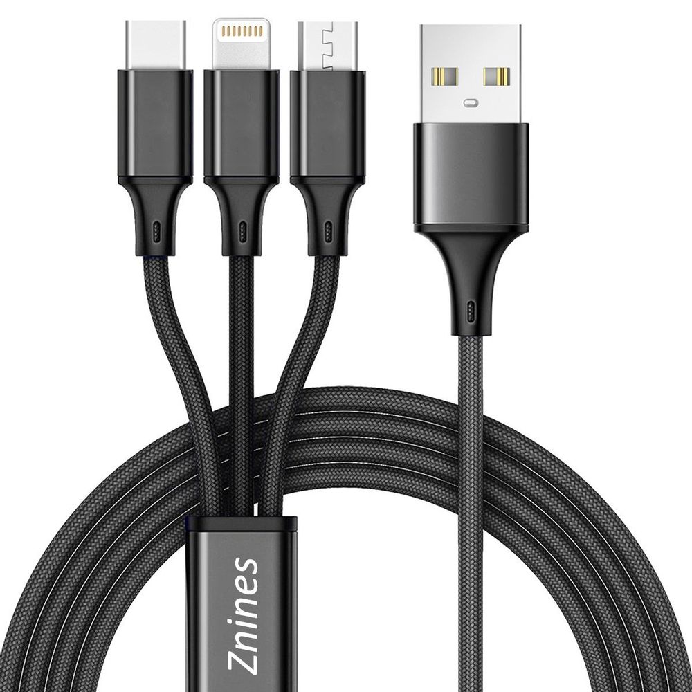 Cable triple (Micro USB - Lightning - Tipo C) para carga Negro