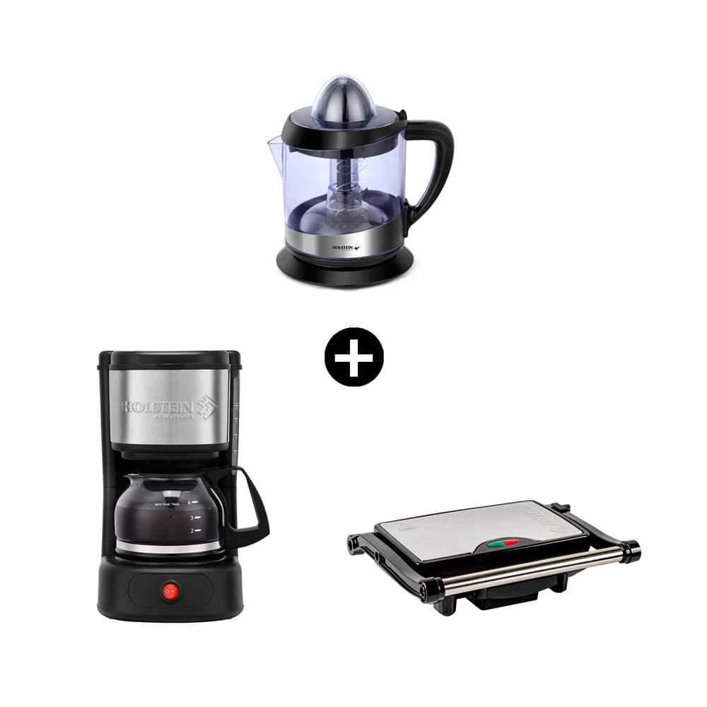 COMBO Cafetera eléctrica Holstein Inox 5 tazas 750ml + Exprimidor Holstein 40W 1 litros + Panini Grill Holstein 2P Inoxidable