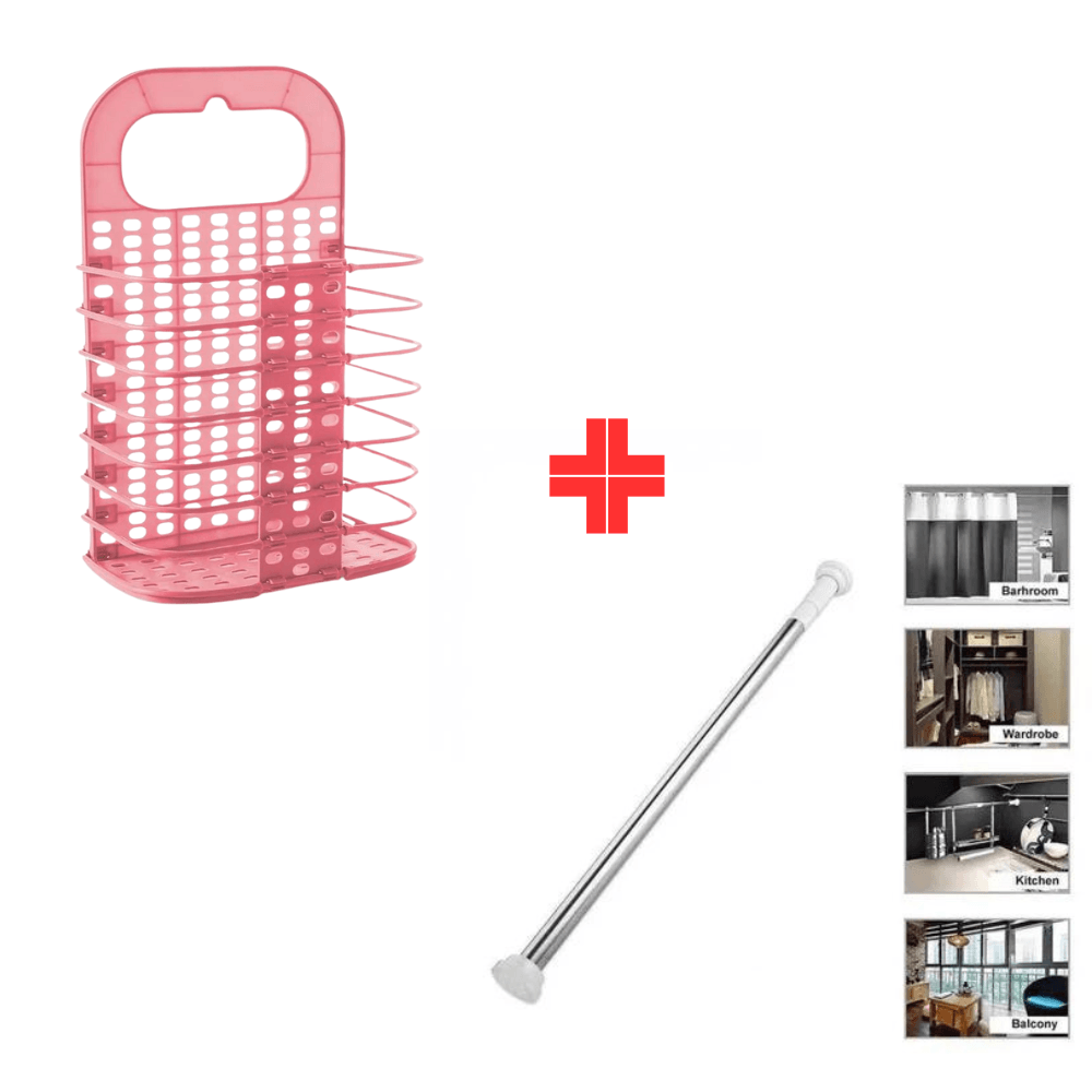 Cesta Plegable para Baño Rosado y Tubo de Ducha Expandibles hasta 2.6 M