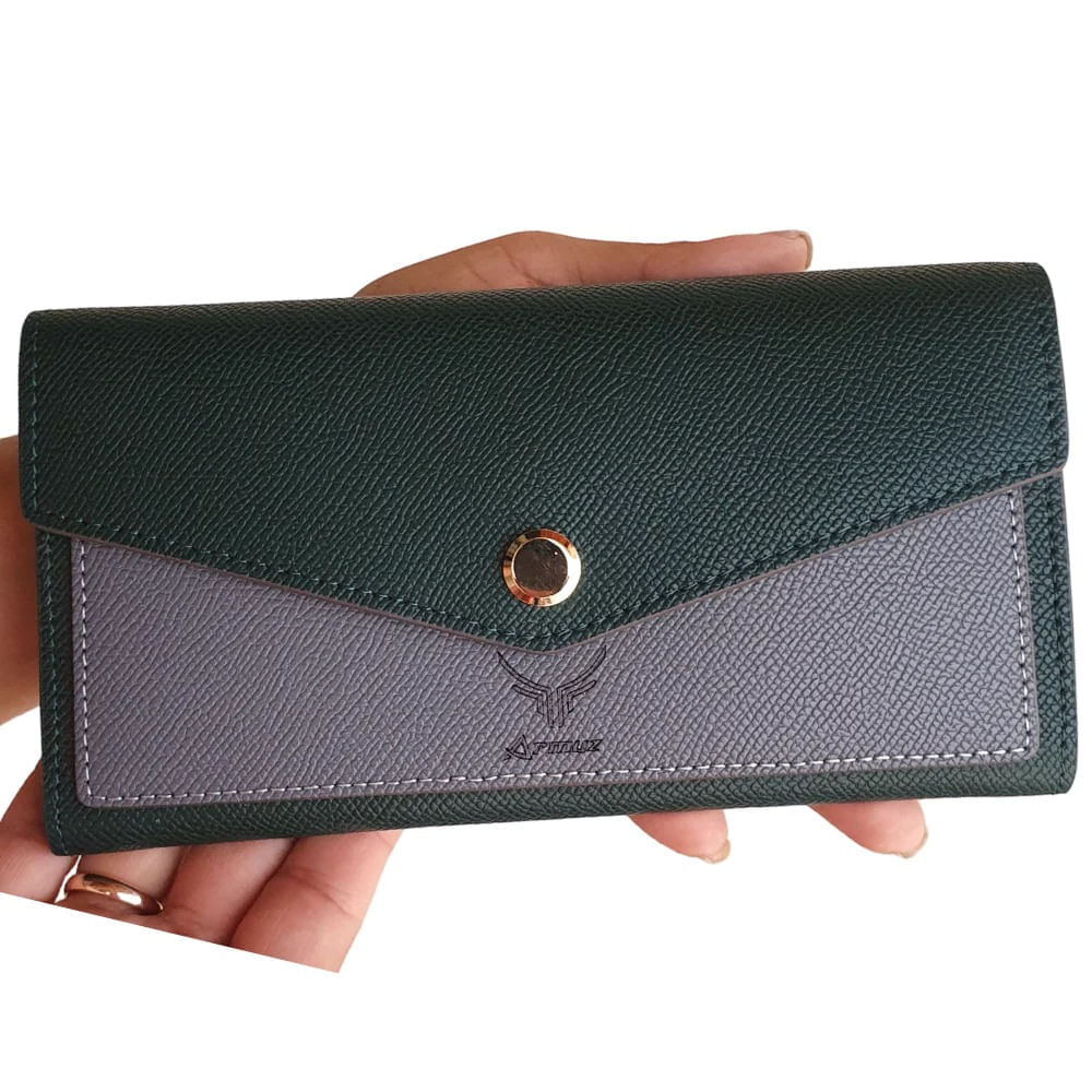 Billetera De Cuero Vacuno Tipo Sobre W837 Verde Con Gris