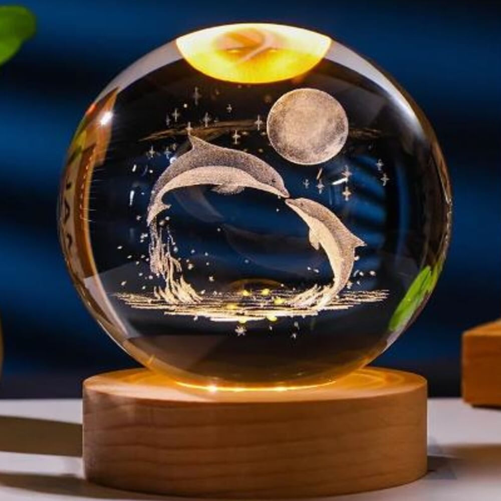 Lámpara 3D Esfera de Cristal 8 cm Led Delfines en el Sistema Solar con caja para pilas