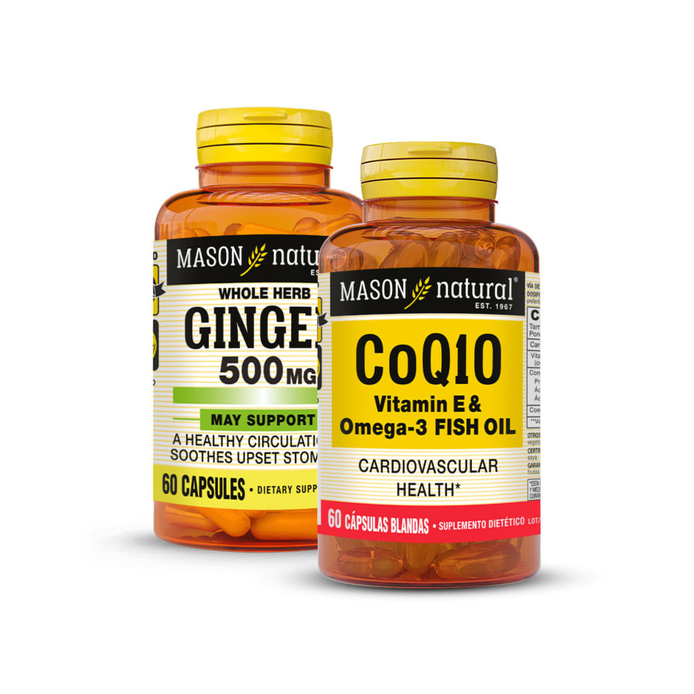 COQ10 Vitamina E y Omega 3 Fish Oil 60 Cáps. Blandas + Ginger 500 MG 60 Cáps. Mason Natural Pack
