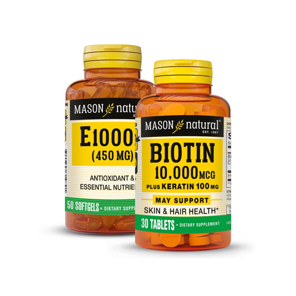 Biotina 10000 Plus Keratina 100 MG 60 Tabs + Vitamina E 1000 UI 60 Cáps Blandas Mason Natural Pack