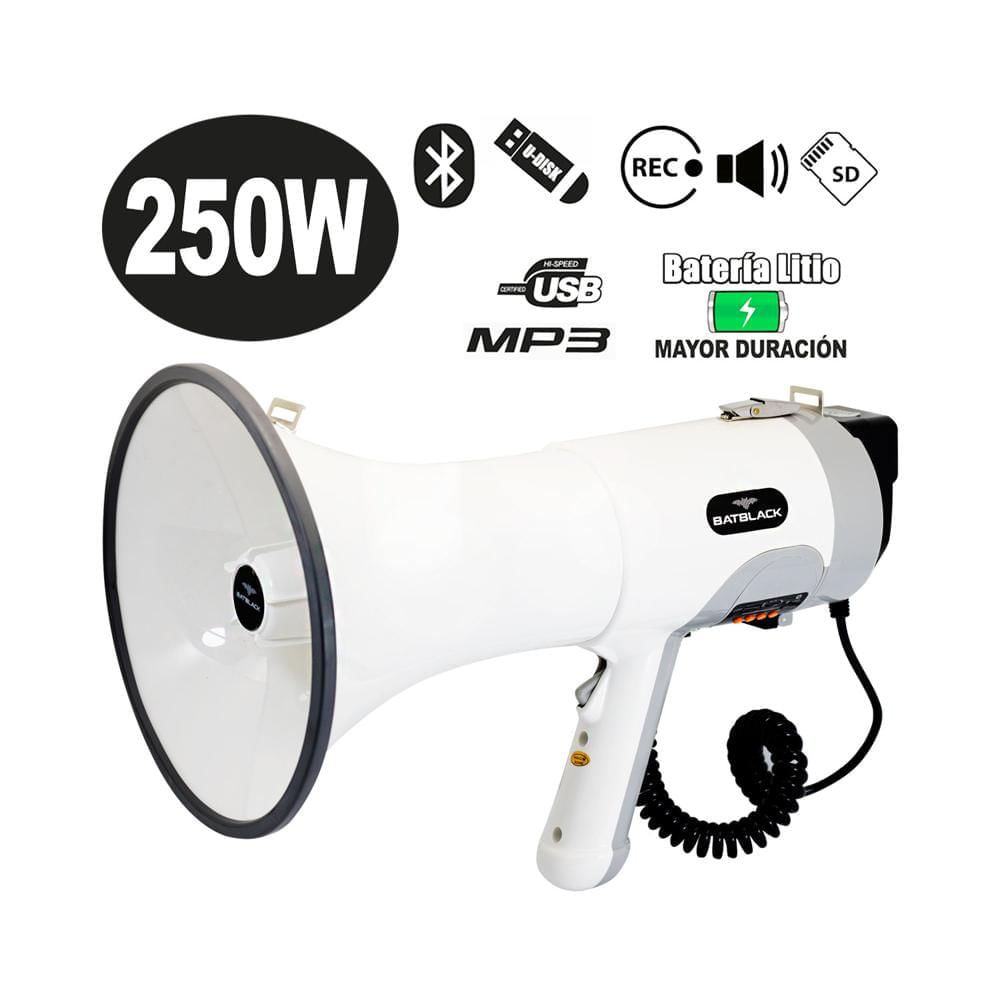 Megáfono Recargable 250W con Sistema de Grabación, Sirena, Bluetooth y USB BT-MF250 BATBLACK