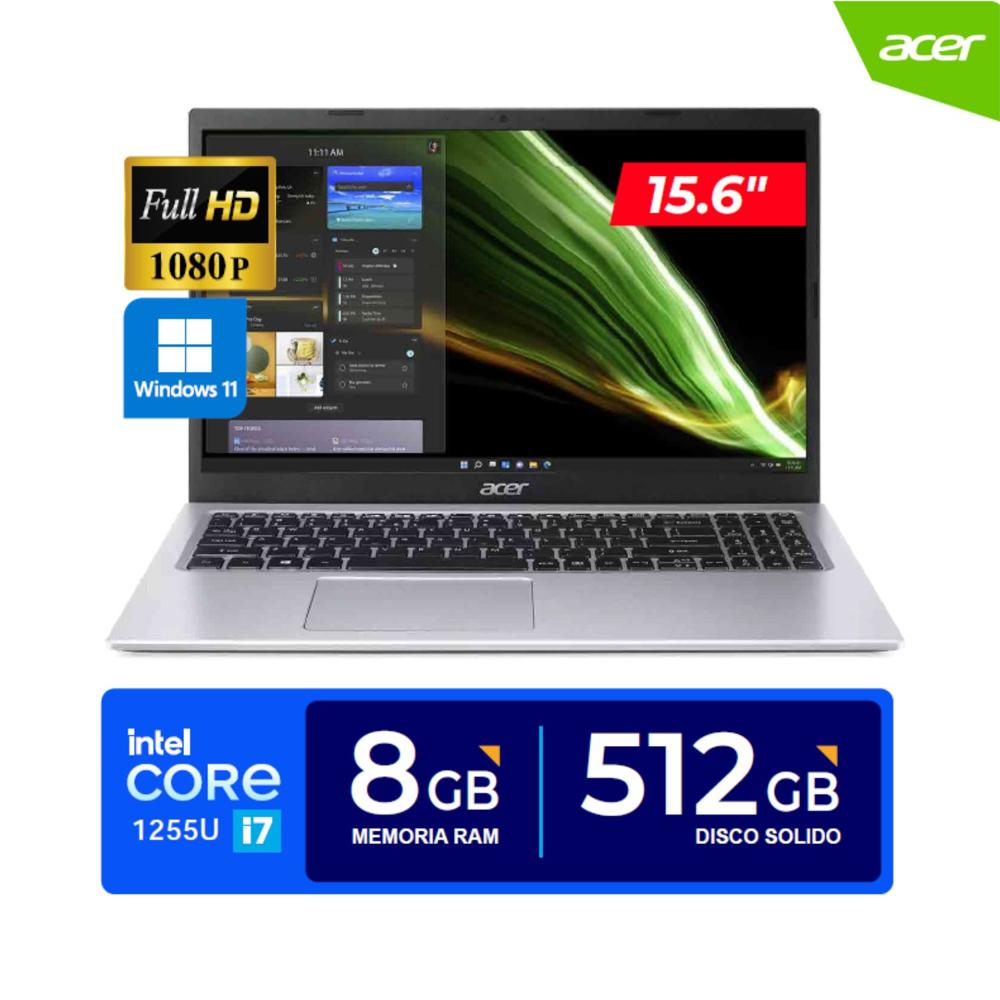 Laptop ACER Aspire 3  15.6""FHD Core i7-1255U 4.70 GHz 10 Núcleos  8GB DDR4  512GB SSD Win11 Home