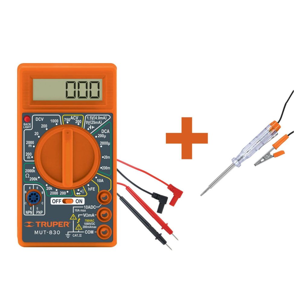 Multímetro digital +Probador de corriente circuitos 6 -12V, Truper