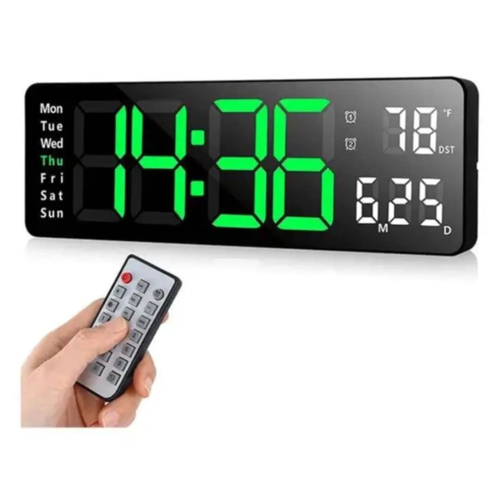 Reloj de Pared Digital Grande LED con Control Alarma Temperatura Mes Negro con verde