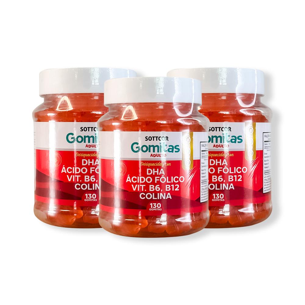 Gomitas con DHA Acido Folico Vit B6 B12 Colina Sottcor 130 Gomitas 3 Pomos
