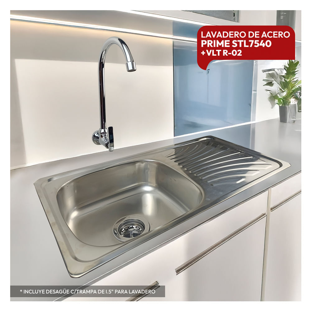 Combo De Lavadero De Acero STL7540 + Desague c/Trampa De I.5 Para Lavadero + VLT R-02 Rumi